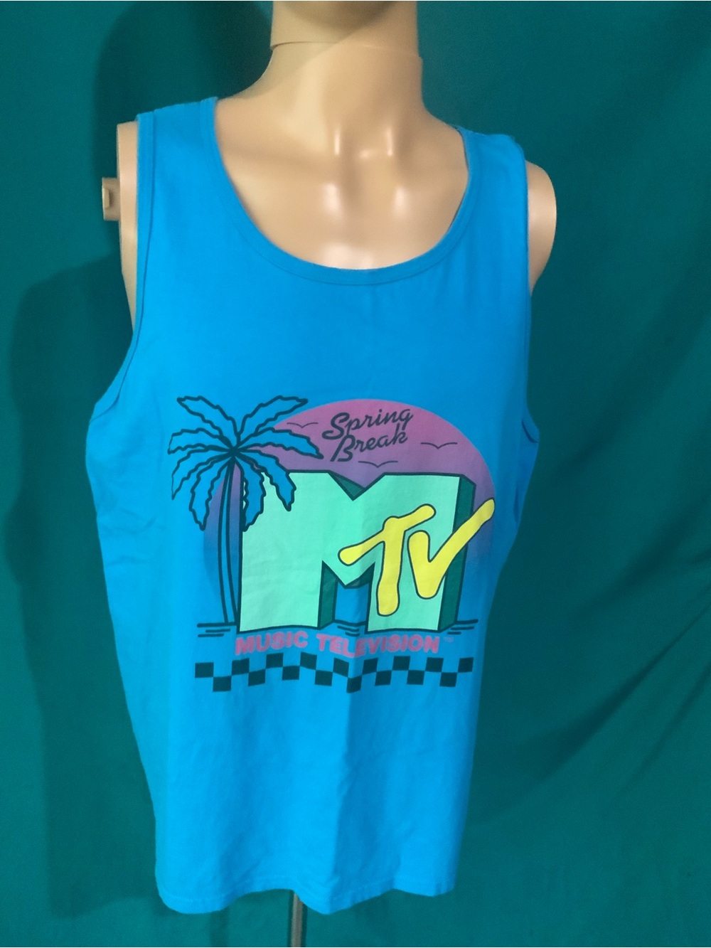 MTV Turquoise Blue Spring Break Graphic Men's Swim Tank, Size Large
